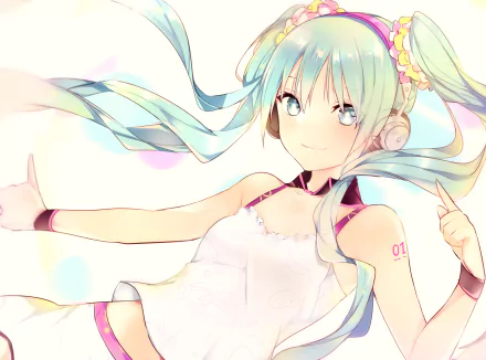 HD anime desktop wallpaper featuring Hatsune Miku, the iconic Vocaloid character, with flowing teal twin-tails and a soft pastel color palette.