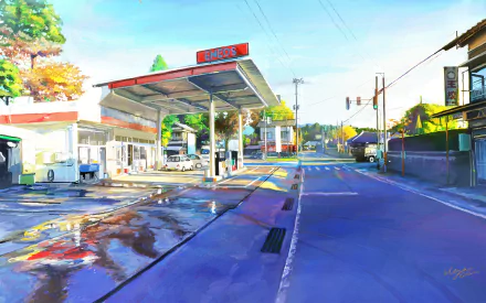 HD anime original artwork of a quiet gas station on a sunny day, designed as a vibrant PC desktop wallpaper and background.
