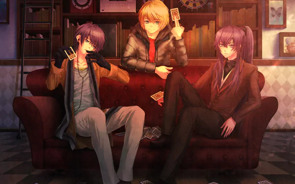 HD PC desktop wallpaper and background of Vocaloid trio Kamui Gakupo, Kaito and Len Kagamine seated on a red sofa holding cards in a warm, anime-style room.