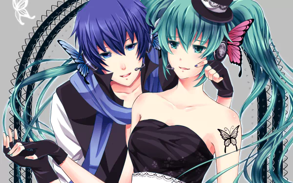 HD PC desktop wallpaper of Vocaloid Magnet featuring Kaito and Hatsune Miku—anime-style close-up with Kaito behind Miku, teal twin-tails, butterflies and gothic lace accents.