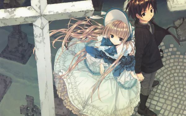 HD wallpaper featuring Victorique de Blois and Kazuya Kujō from the anime Gosick. The image shows them holding hands near a large cross with a gothic background.
