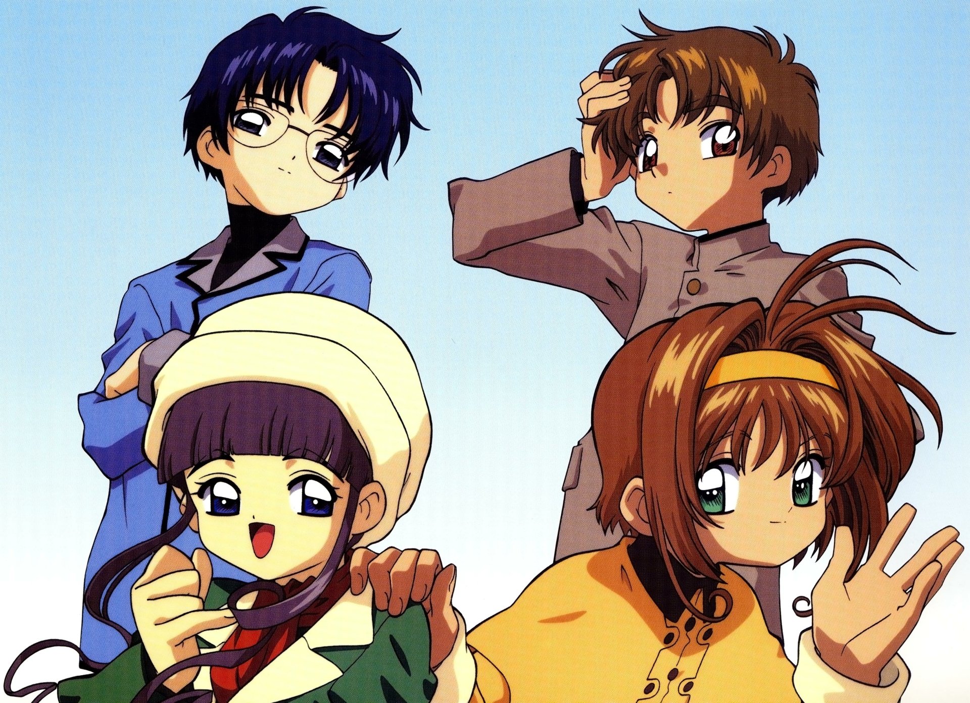 HD anime desktop wallpaper featuring Sakura Kinomoto, Tomoyo Daidouji, Eriol Hiiragizawa, and Syaoran Li from Cardcaptor Sakura.