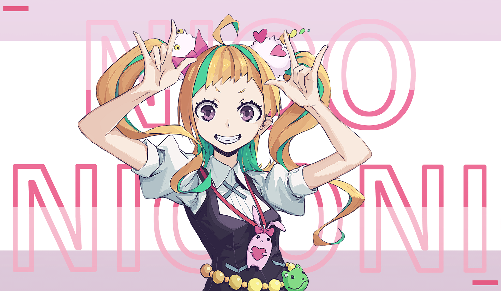 HD PC wallpaper of Nico Niyama (Kiznaiver): energetic twin‑tailed girl with orange and green hair, school uniform and playful heart accents.
