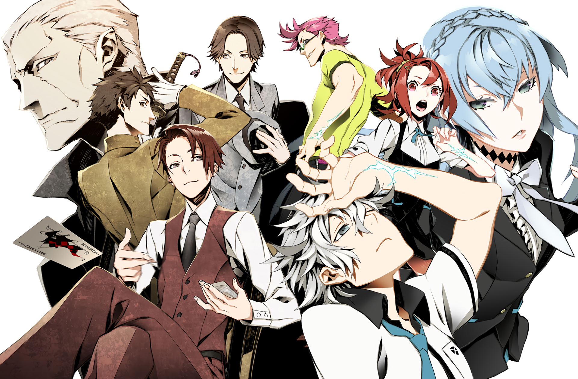 HD PC desktop anime crossover wallpaper showing Hajime Tenga and Miyoshi (Joker Game) with a group of stylized anime characters in dynamic poses.