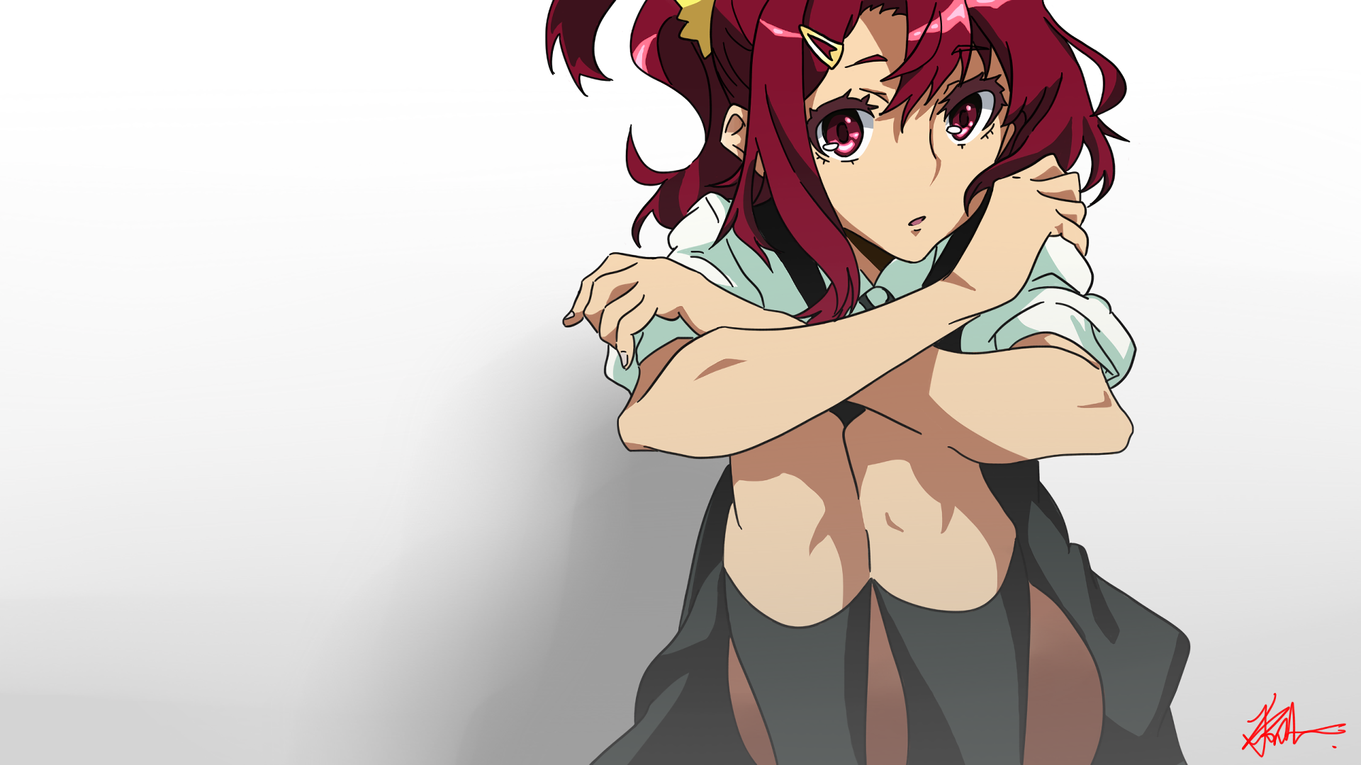 HD PC desktop wallpaper of a Kiznaiver anime girl with red hair, seated with arms crossed over her knees against a minimalist white background.