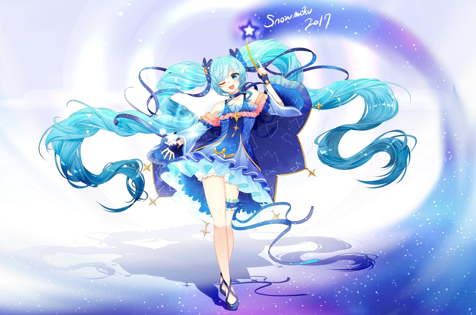 HD anime desktop wallpaper featuring Hatsune Miku in a vibrant, blue-themed Vocaloid design with flowing twin tails and a magical, starry background.
