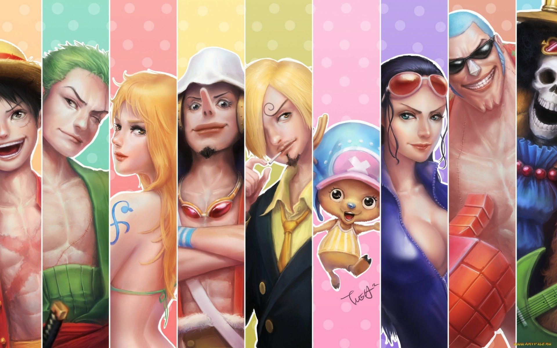 A vibrant HD desktop wallpaper featuring characters from One Piece: Monkey D. Luffy, Roronoa Zoro, Nami, Usopp, Sanji, Tony Tony Chopper, Nico Robin, Franky, and Brook.