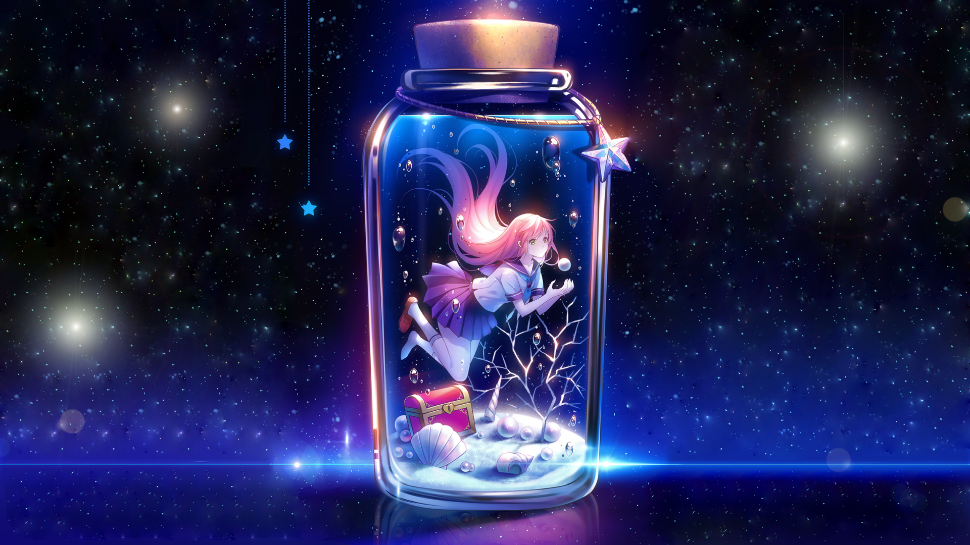 HD anime desktop wallpaper featuring an original artwork of a girl with flowing pink hair and purple dress, floating inside a glass jar in a starry night background.