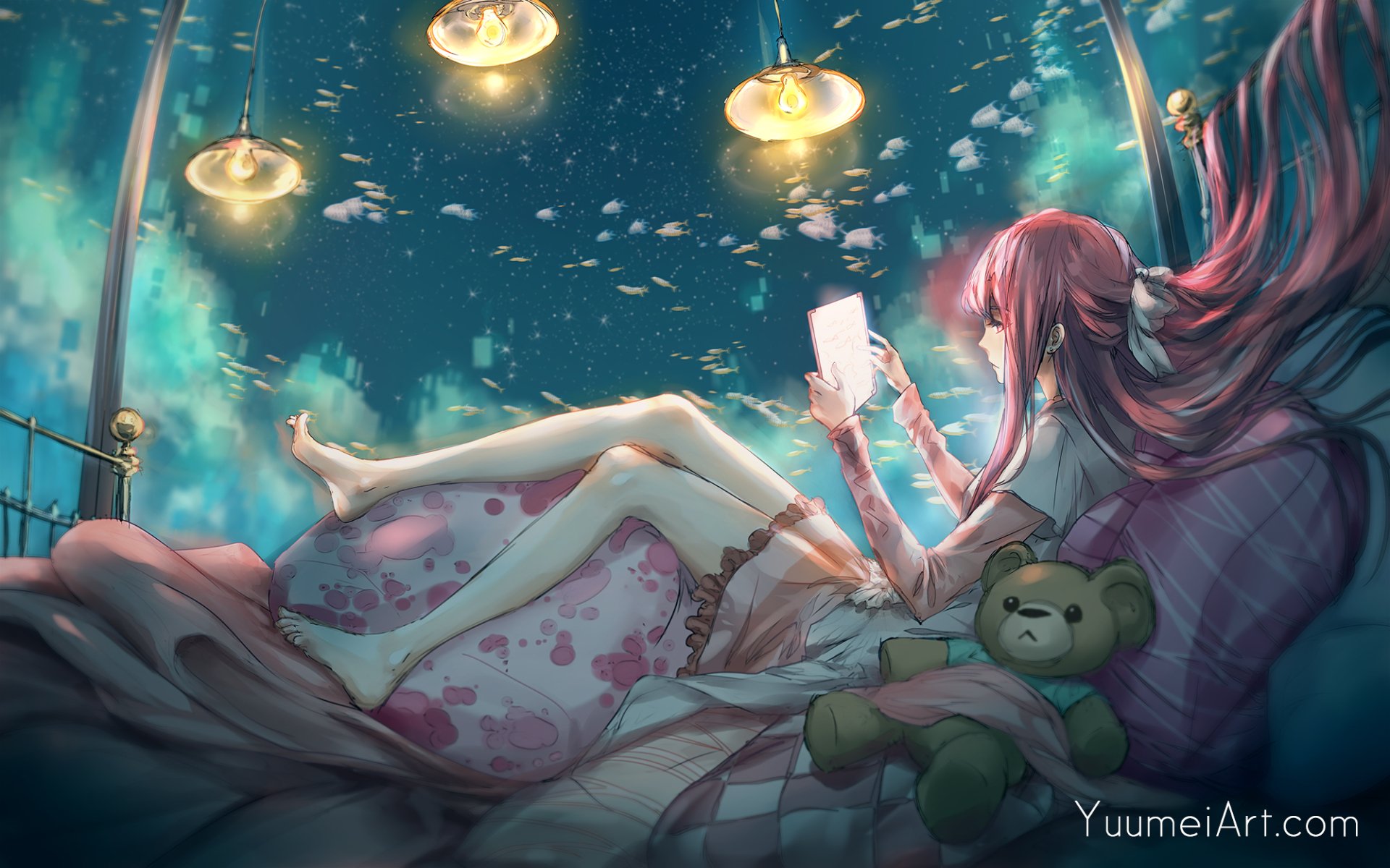 HD desktop wallpaper featuring Rin from the anime Shelter, lying on a bed with a teddy bear, reading under hanging lights against a starry sky.