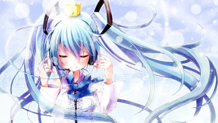 HD desktop wallpaper featuring Hatsune Miku, a Vocaloid anime character. She wears a crown and headphones, with her long blue hair flowing in a dreamy, ethereal background.
