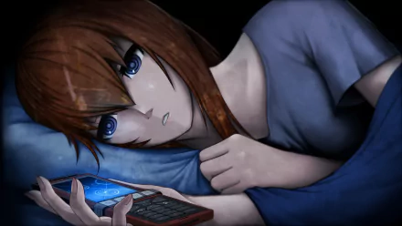 An HD desktop wallpaper featuring Kurisu Makise from the anime Steins;Gate, shown lying on a bed, holding a mobile phone, and gazing thoughtfully ahead.