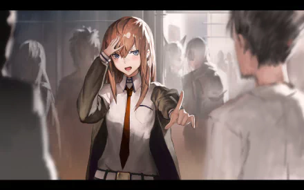 HD wallpaper featuring anime characters Rintaro Okabe and Kurisu Makise from Steins;Gate. Kurisu is pointing and looking serious amid a blurred background of other characters.