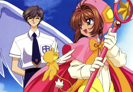 HD anime desktop wallpaper featuring Sakura Kinomoto holding her magical staff, Keroberos in his small form, and Yukito Tsukishiro from Cardcaptor Sakura.