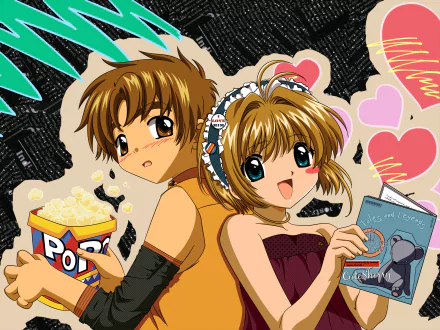 HD desktop wallpaper featuring Syaoran Li and Sakura Kinomoto from the anime Cardcaptor Sakura. Syaoran is holding popcorn, and Sakura holds a magazine with a cheerful expression. Background includes heart motifs.