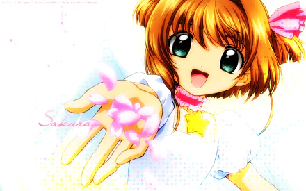 HD PC desktop wallpaper featuring Sakura Kinomoto from the anime Cardcaptor Sakura, showcasing her cheerful expression and vibrant, magical atmosphere.