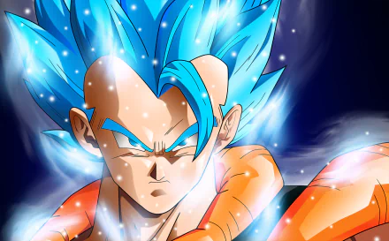 HD wallpaper featuring Gogeta from Dragon Ball Super with blue hair and aura, set against a dark background. Tags: Dragon Ball, Anime, Dragon Ball Super.