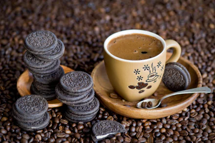 A 4K Ultra HD desktop wallpaper featuring a cup of coffee surrounded by Oreo cookies and coffee beans on a rustic wooden plate.