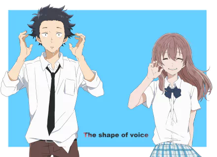HD desktop wallpaper featuring Shouya Ishida and Shouko Nishimiya from the anime A Silent Voice on a blue background, both making the sign for voice.