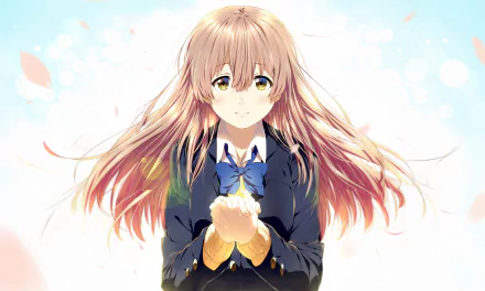 HD desktop wallpaper featuring Shouko Nishimiya from the anime A Silent Voice, with a bright background and pink petals floating around.