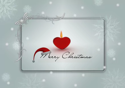 HD Christmas desktop wallpaper featuring a silver frame, delicate snowflakes, a red heart-shaped candle, and Merry Christmas text for a festive holiday card look.