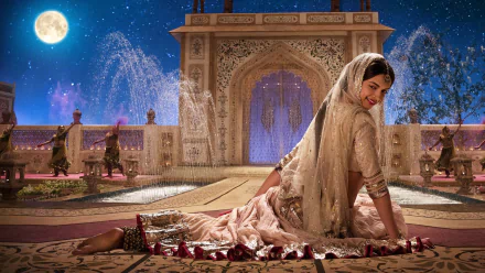 HD PC desktop wallpaper featuring Deepika Padukone in a graceful pose from the movie Bajirao Mastani, set against an ornate palace backdrop with fountains and a full moon.