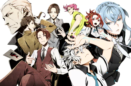 HD PC desktop anime crossover wallpaper showing Hajime Tenga and Miyoshi (Joker Game) with a group of stylized anime characters in dynamic poses.