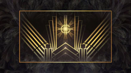 HD desktop wallpaper featuring an art deco design with gold elements and a cross symbol in the center, inspired by the heavy metal band Ghost B.C..