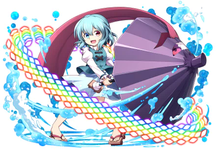 HD PC desktop wallpaper featuring Kogasa Tatara from the anime Touhou, showcasing vibrant colors and dynamic water and umbrella effects.