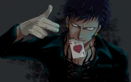 HD wallpaper of Trafalgar Law from the anime One Piece, featuring a dark background with Law holding a playing card in his mouth and gesturing with his gloved hand.