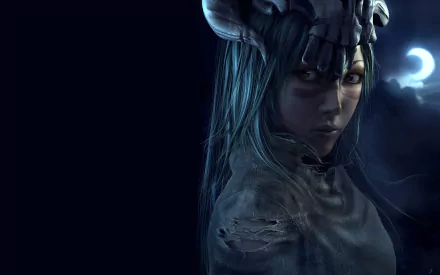 HD desktop wallpaper of Nelliel Tu Odelschwanck from the anime Bleach, set against a night sky with a crescent moon in the background.