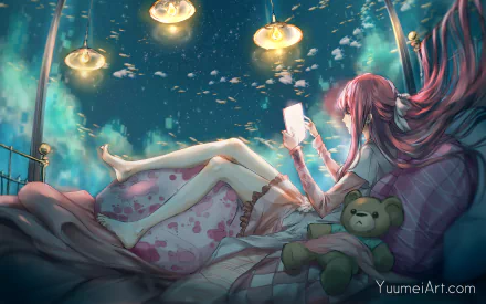 HD desktop wallpaper featuring Rin from the anime Shelter, lying on a bed with a teddy bear, reading under hanging lights against a starry sky.