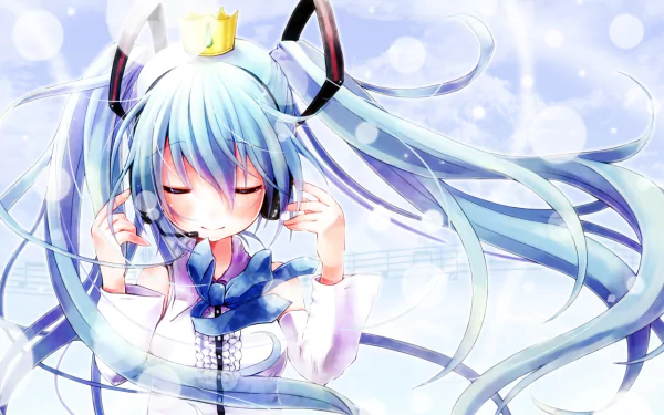 HD desktop wallpaper featuring Hatsune Miku, a Vocaloid anime character. She wears a crown and headphones, with her long blue hair flowing in a dreamy, ethereal background.