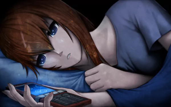 An HD desktop wallpaper featuring Kurisu Makise from the anime Steins;Gate, shown lying on a bed, holding a mobile phone, and gazing thoughtfully ahead.