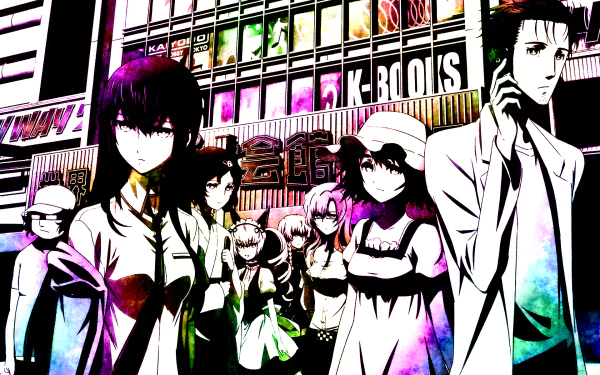 HD desktop wallpaper featuring characters Moeka Kiryū, Faris Nyannyan, Ruka Urushibara, Suzuha Amane, Itaru Hashida, Mayuri Shiina, Kurisu Makise, and Rintaro Okabe from the anime Steins;Gate.