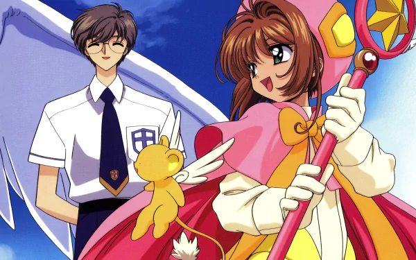 HD anime desktop wallpaper featuring Sakura Kinomoto holding her magical staff, Keroberos in his small form, and Yukito Tsukishiro from Cardcaptor Sakura.