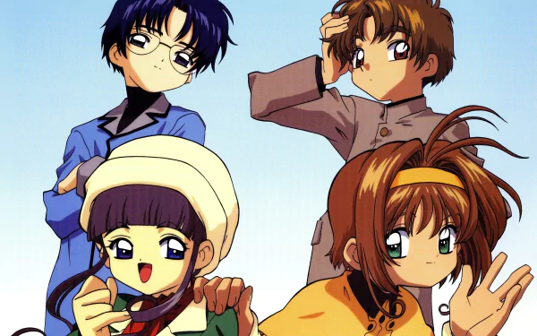 HD anime desktop wallpaper featuring Sakura Kinomoto, Tomoyo Daidouji, Eriol Hiiragizawa, and Syaoran Li from Cardcaptor Sakura.