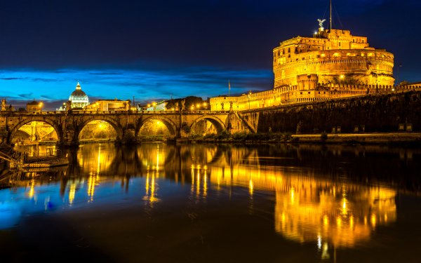 Man Made Rome Cities Italy Castle River Bridge Night Reflection Light HD Wallpaper | Background Image