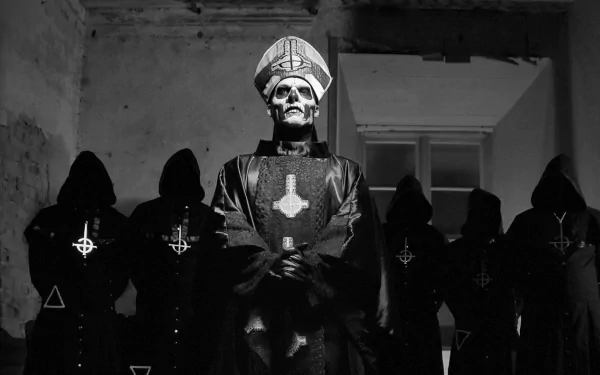 Black and white HD wallpaper featuring Ghost B.C., a heavy metal band, with members in dark, ritualistic attire standing in a dimly lit room.