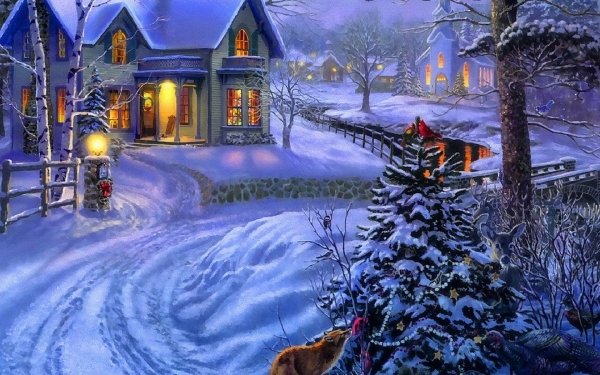 Artistic Winter Street House Snow Tree HD Wallpaper | Background Image