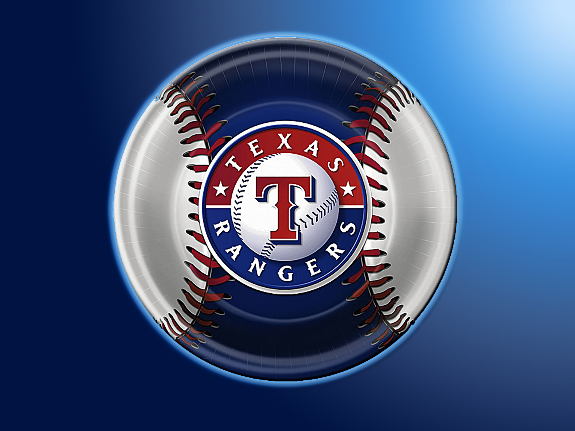HD desktop wallpaper featuring the Texas Rangers logo with a stylized baseball and blue background.