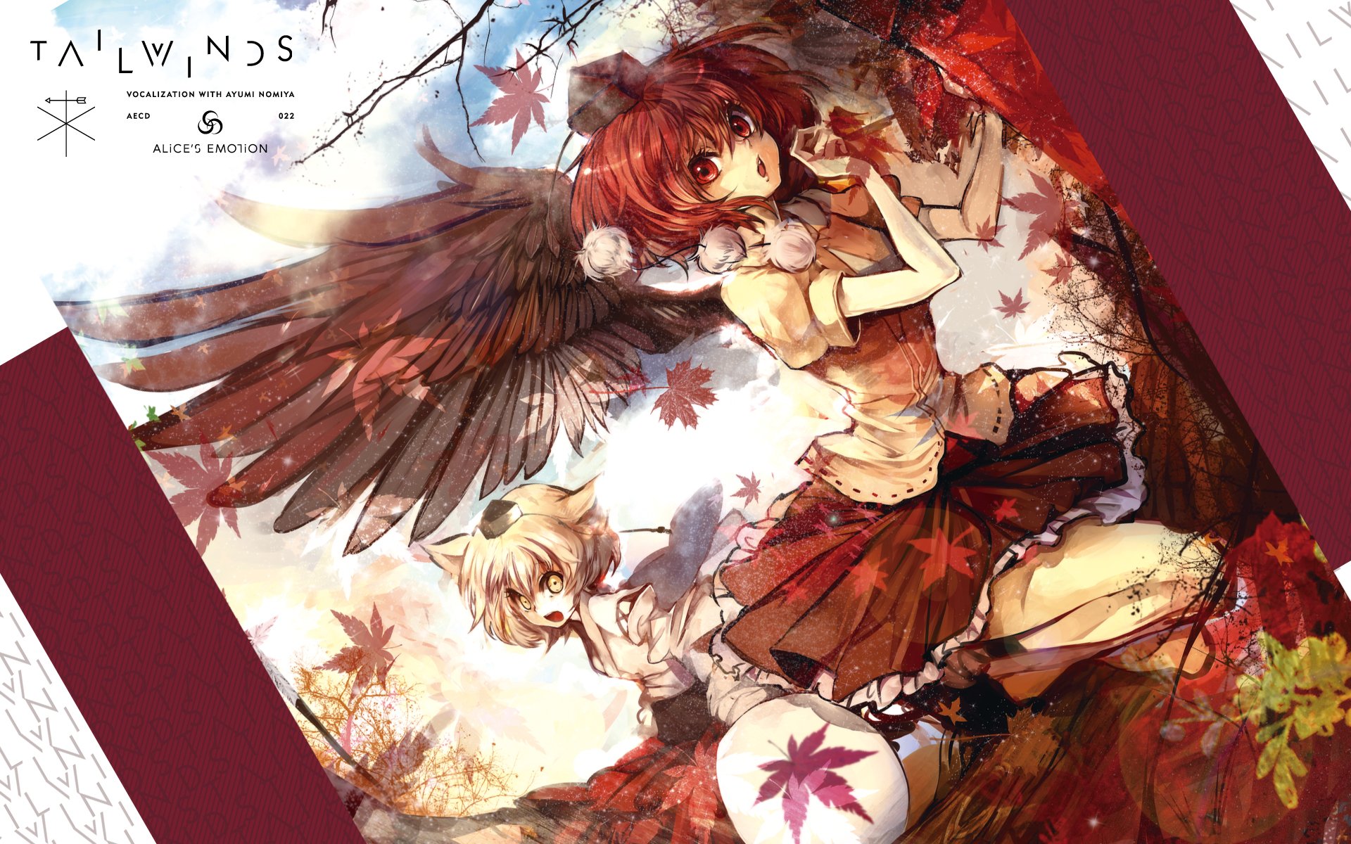 HD PC desktop wallpaper featuring Aya Shameimaru from the Touhou anime series, showcasing her with dark wings amid autumn leaves in a detailed, vibrant style.