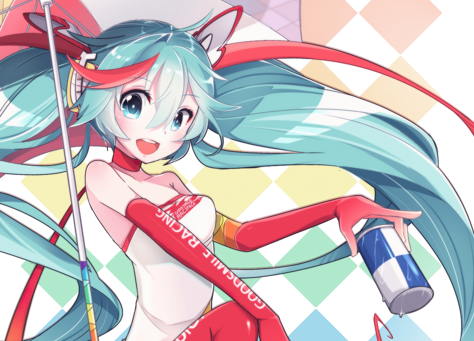 Vibrant Hatsune Miku anime artwork with flowing twin tails and a cheerful pose holding a can — stylized Vocaloid 2K Quad HD PC desktop wallpaper/background.