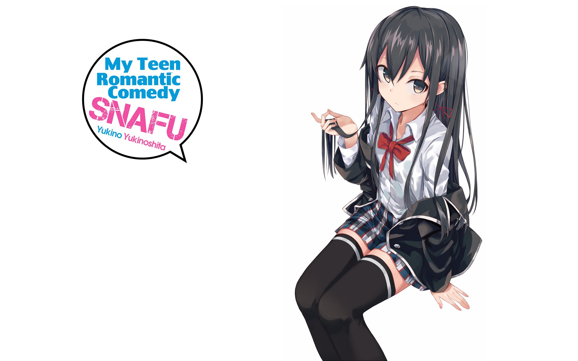 HD PC desktop wallpaper featuring an anime character from My Teen Romantic Comedy SNAFU with a speech bubble displaying the series title.