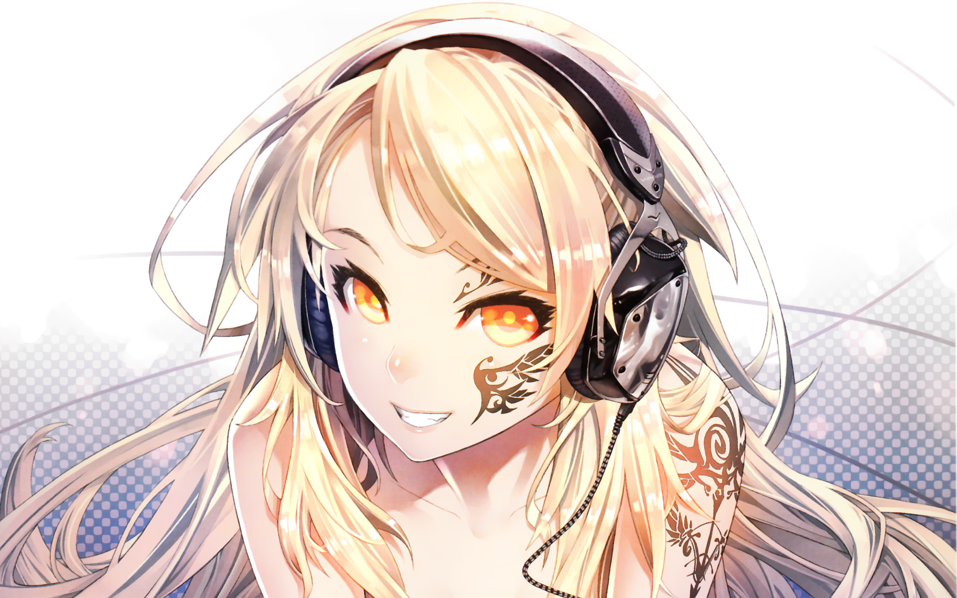 HD desktop wallpaper featuring original anime art of a blonde character with striking golden eyes, intricate tattoos, and headphones. The background is a light, gradient design enhancing the character's details.