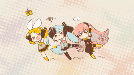 HD desktop wallpaper featuring anime characters Luka Megurine, Rin Kagamine, and Hatsune Miku from Vocaloid in a playful and cheerful scene. The background has a dotted pattern and pastel colors.