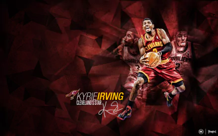 HD desktop wallpaper featuring Kyrie Irving in action on a dynamic red and black geometric background with his name and number prominently displayed.
