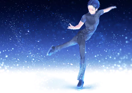 HD wallpaper and background from the anime Yuri!!! on ICE, featuring a figure skater against a vibrant, snowy backdrop.