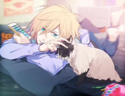 HD desktop wallpaper of Yuri Plisetsky from Yuri!!! on ICE, featuring Yuri lying down, holding a phone, with a cat resting beside him.