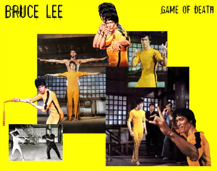 HD desktop wallpaper featuring Bruce Lee in various scenes from the movie Game of Death, showcasing martial arts action against a bright yellow background.