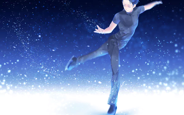 HD wallpaper and background from the anime Yuri!!! on ICE, featuring a figure skater against a vibrant, snowy backdrop.